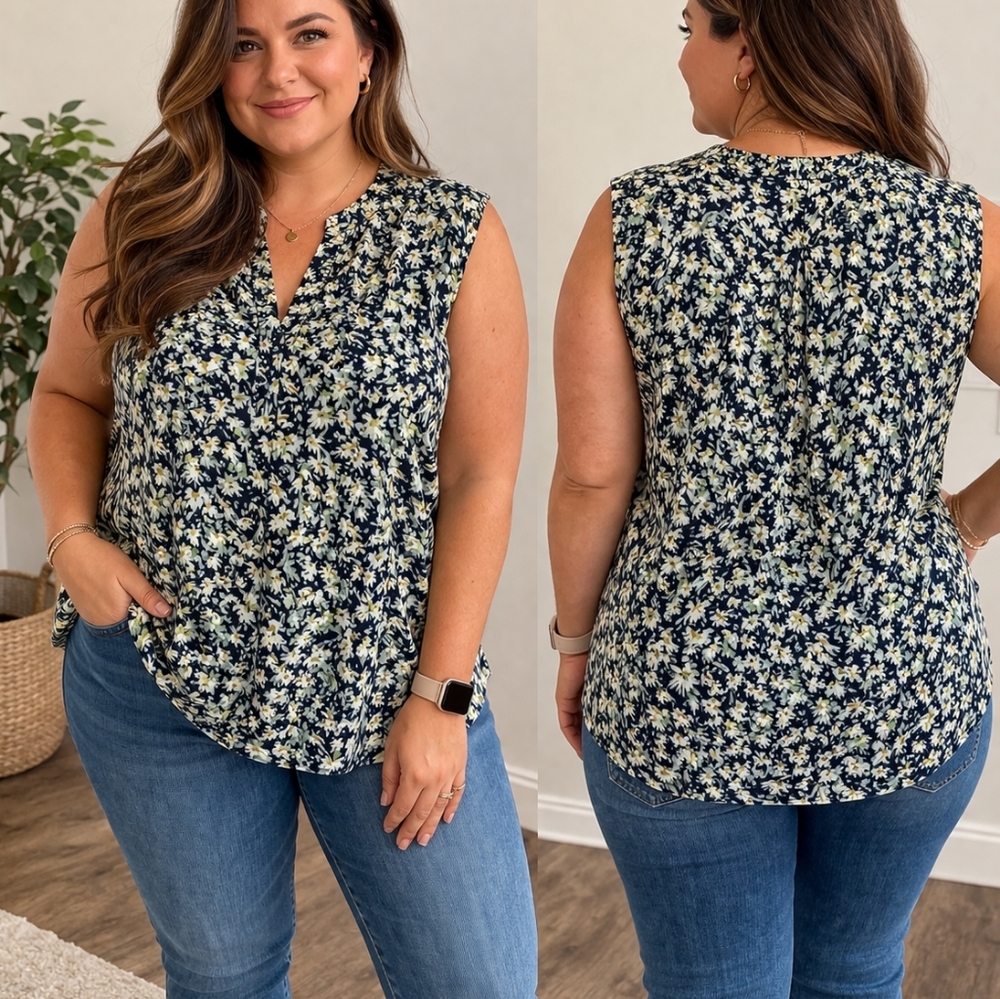 Spense 1X Floral Sleeveless Blouse Navy White Plus Size Lightweight Top